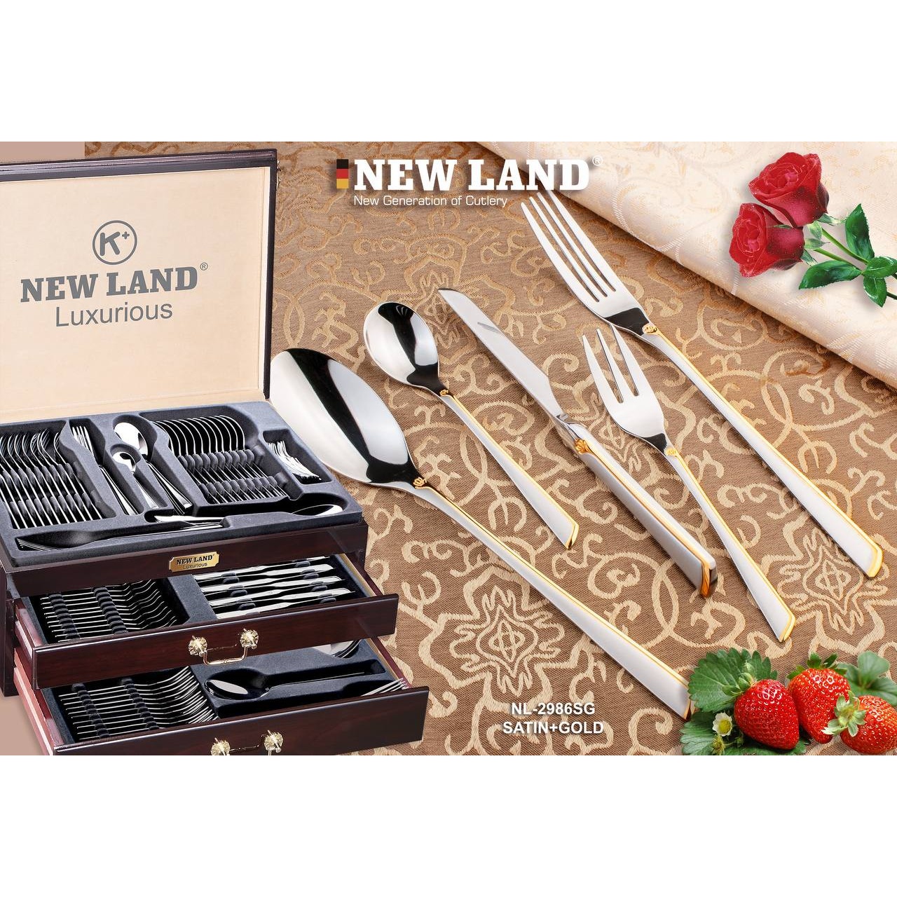 سرویس قاشق و چنگال 135 پارچ 24 نفره صندوق چوبی نیولند مدل 2986SG