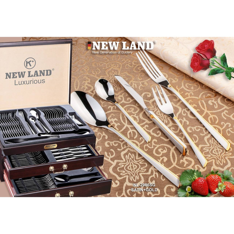 سرویس قاشق و چنگال 135 پارچ 24 نفره صندوق چوبی نیولند مدل 2986SG