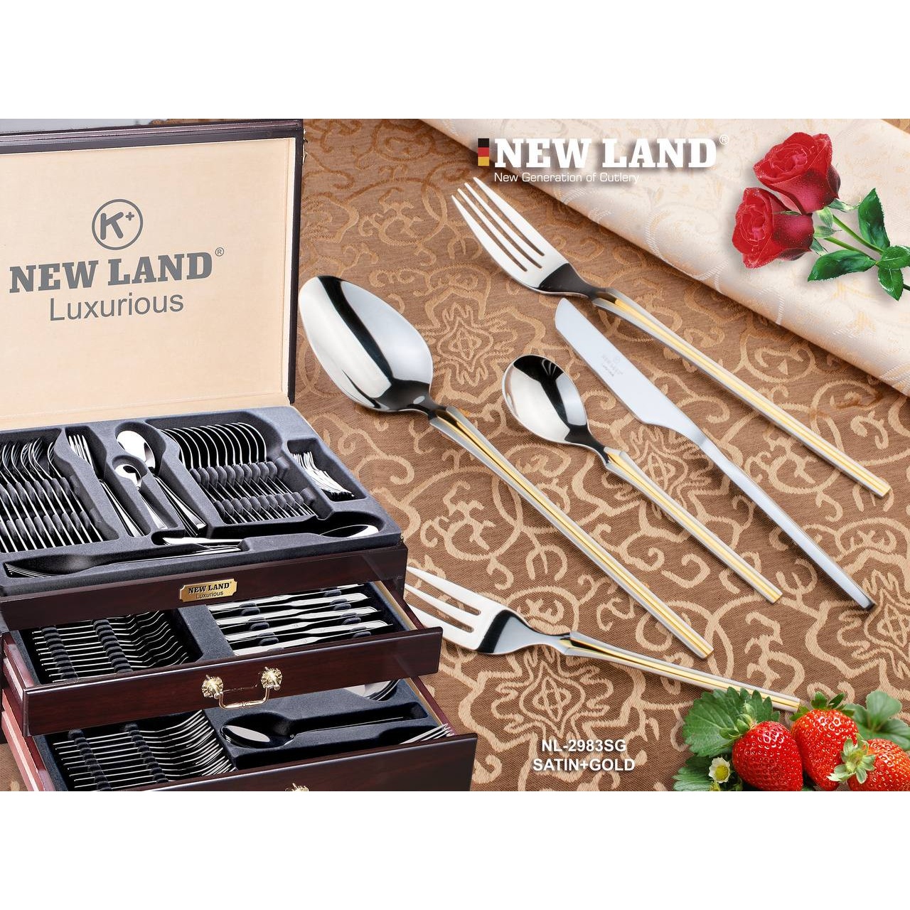 سرویس قاشق و چنگال 135 پارچ 24 نفره صندوق چوبی نیولند مدل 2983SG
